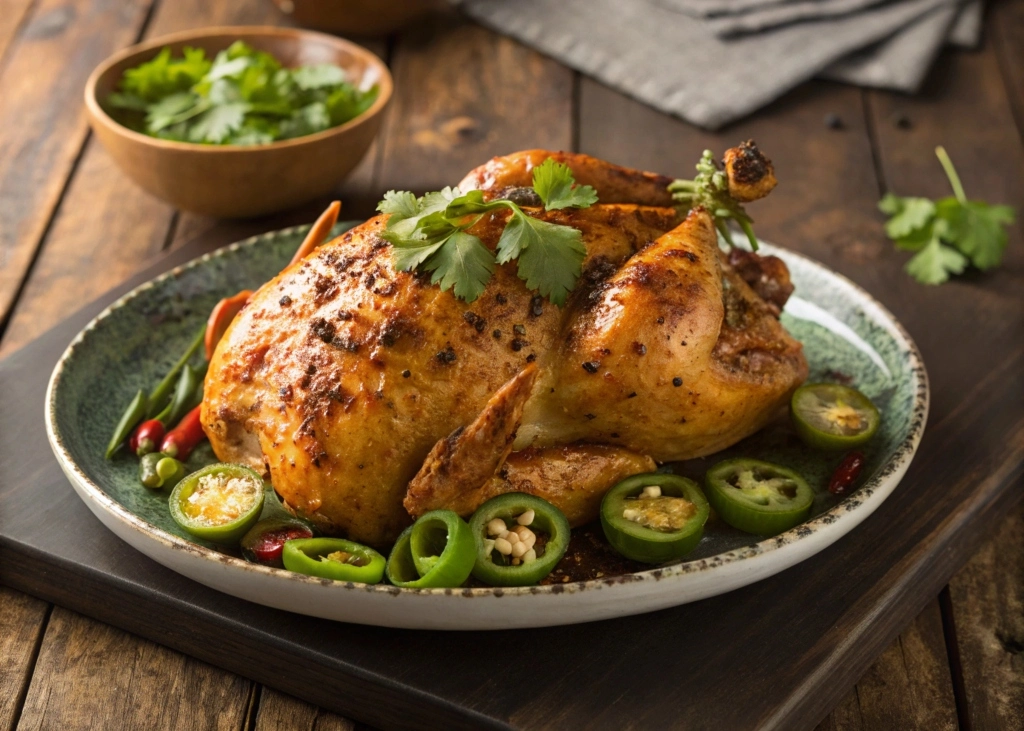 A beautifully plated roasted chicken, glistening with spices, garnished with fresh jalapenos and cilantro, set on a rustic wooden table, vibrant colors and textures, warm lighting highlighting the spiciness and deliciousness of the dish.