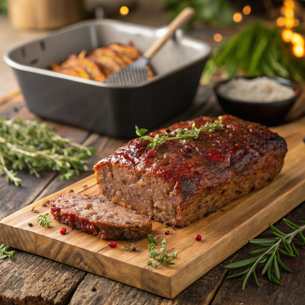 A close-up of a rustic smoked meatloaf resting on a wooden board