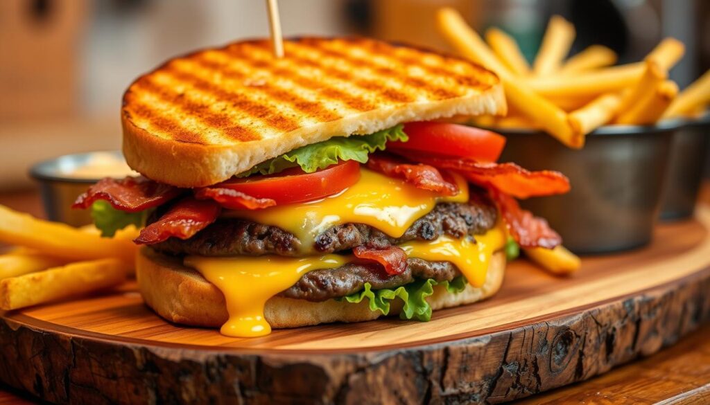 A mouthwatering grilled cheese burger featuring a juicy beef patty, melted cheese oozing from crispy, buttery griddled bread, garnished with fresh lettuce, ripe tomato slices, and crispy bacon