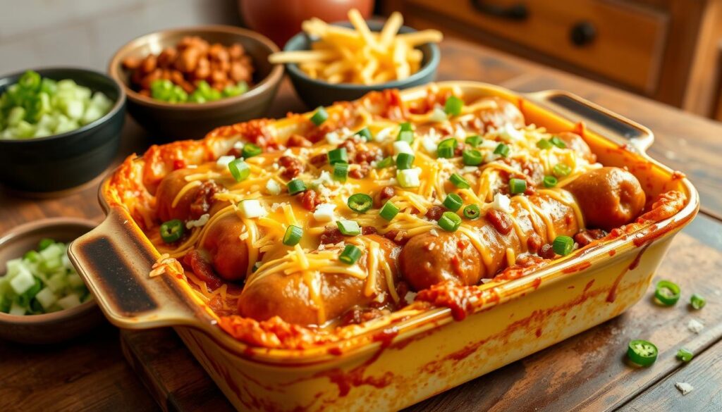 A vibrant casserole dish filled with chili cheese frankfurters, topped with melted cheese and crispy golden edges