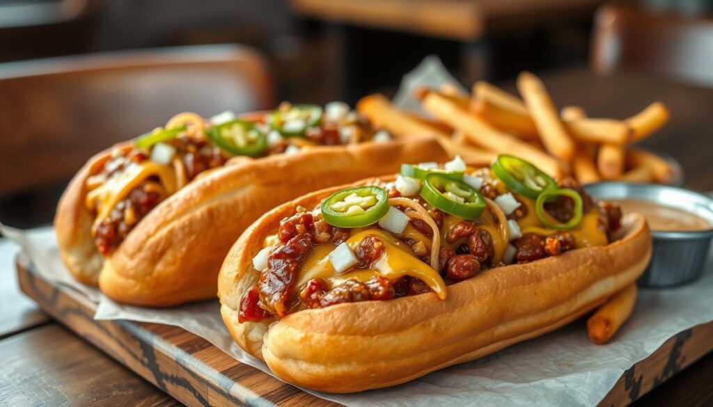 A close-up of golden-brown baked chili cheese dogs, topped with melted cheese and rich chili, garnished with fresh chopped onions and jalapeños