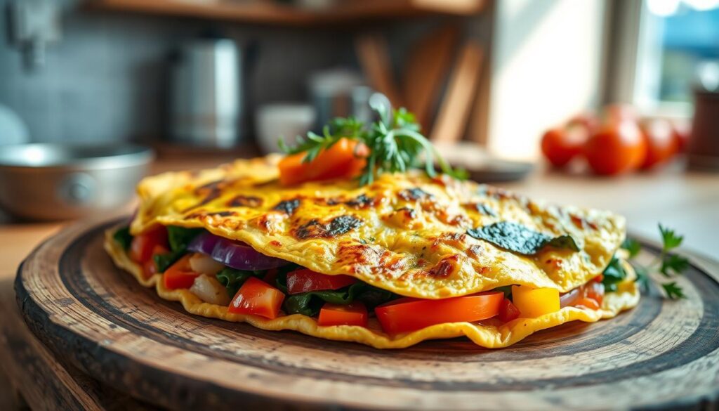 A vibrant vegetable omelet filled with colorful bell peppers, spinach, tomatoes, and onions, cooked to perfection