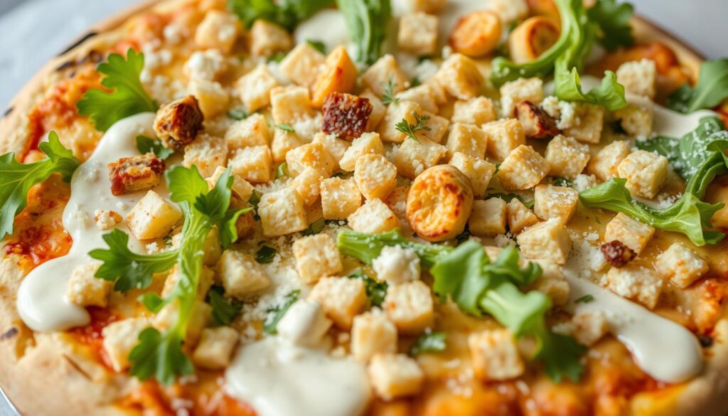 A vibrant pizza topped with fresh romaine lettuce, creamy Caesar dressing, crunchy croutons, and grated parmesan cheese, all resting on a golden-brown crust.