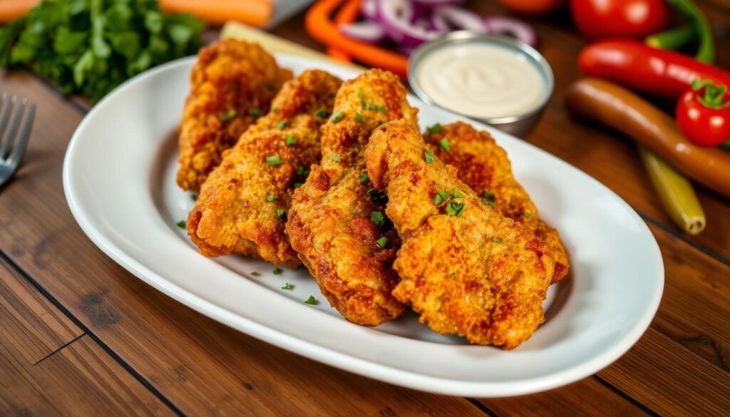 A plate of crispy buttermilk chicken tenders, golden brown and perfectly cooked, garnished with fresh herbs, served with a side of creamy dipping sauce