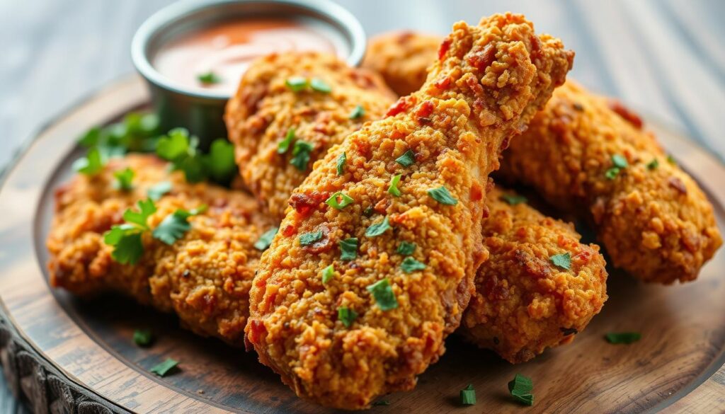 A close-up image of crispy, golden-brown chicken tenders, coated with a spicy seasoning blend, garnished with fresh green herbs