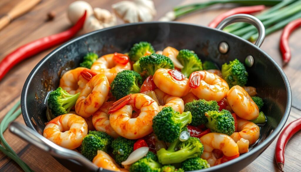 A vibrant and colorful shrimp and broccoli stir fry, featuring plump shrimp and crisp broccoli florets, tossed in a glossy soy sauce glaze, with slices of garlic and ginger