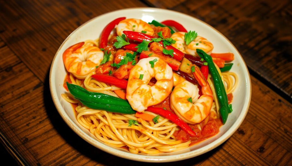 A vibrant shrimp stir fry with colorful vegetables, tossed with noodles in a glossy sauce, garnished with fresh herbs