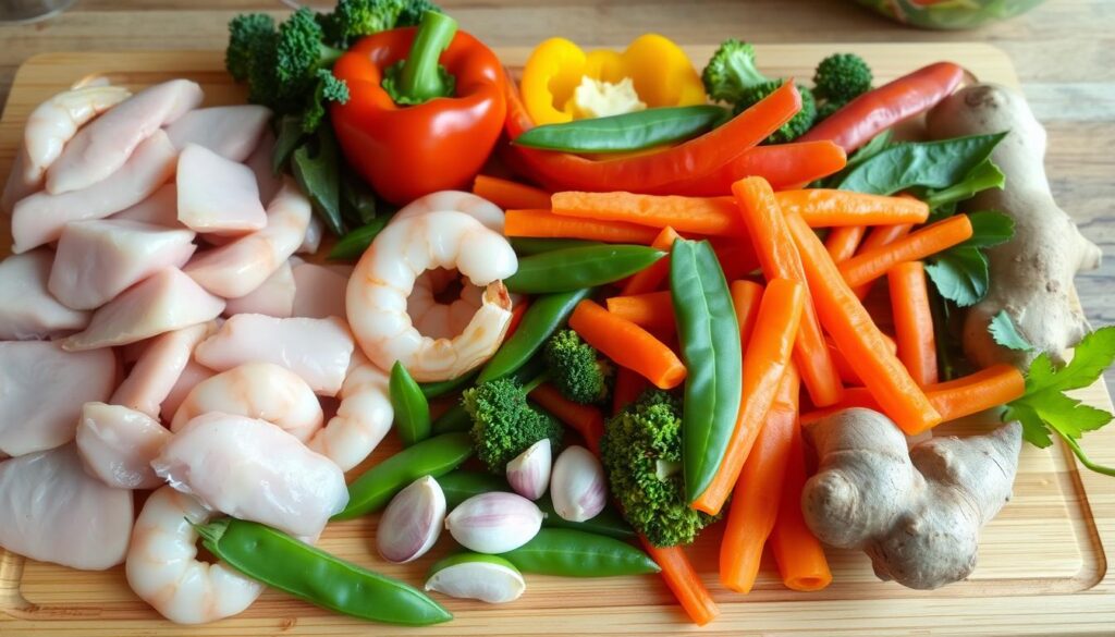 A vibrant array of fresh stir fry ingredients, featuring raw chicken breast slices, plump shrimp, colorful bell peppers, broccoli florets, snap peas, sliced carrots, garlic cloves, and ginger root