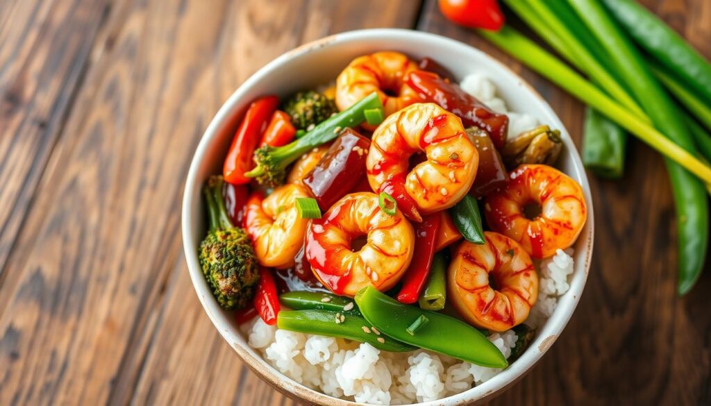 A vibrant bowl of teriyaki shrimp stir fry, featuring succulent shrimp glazed in a rich teriyaki sauce, surrounded by colorful vegetables like bell peppers, broccoli, and snap peas, served over fluffy white rice with a sprinkle of sesame seeds and a hint of green onions