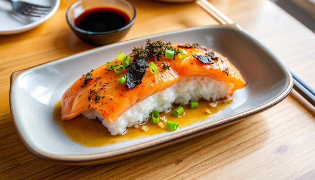 A vibrant dish of baked salmon sushi, featuring a fluffy rice base with a golden, crispy top, garnished with green onions and seaweed flakes