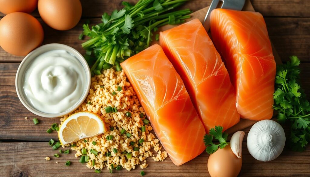 A vibrant composition of fresh salmon fillets, golden breadcrumbs, chopped green onions, creamy mayonnaise, chopped parsley, a lemon wedge, garlic cloves, and eggs