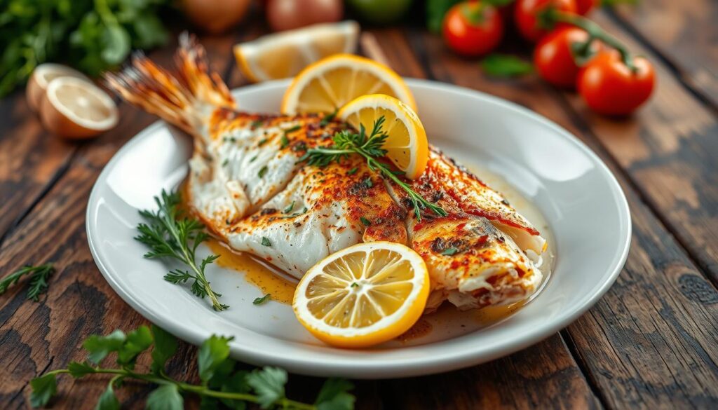 A beautifully plated baked snapper, golden and crispy, garnished with fresh herbs and lemon slices