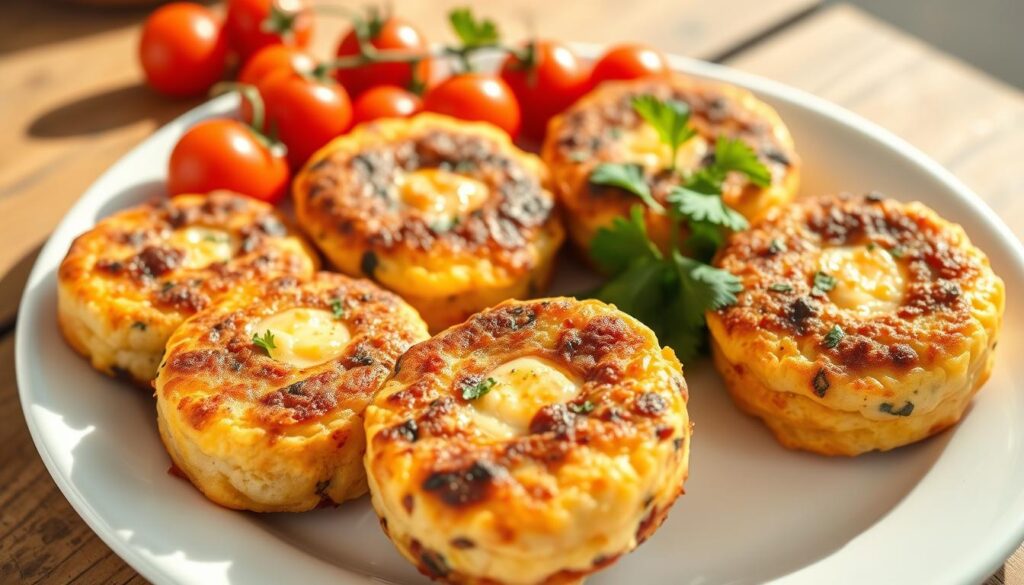 A plate of golden-brown homemade egg sausage and cheese breakfast bites, freshly baked, with melted cheese oozing from the sides, garnished with fresh herbs