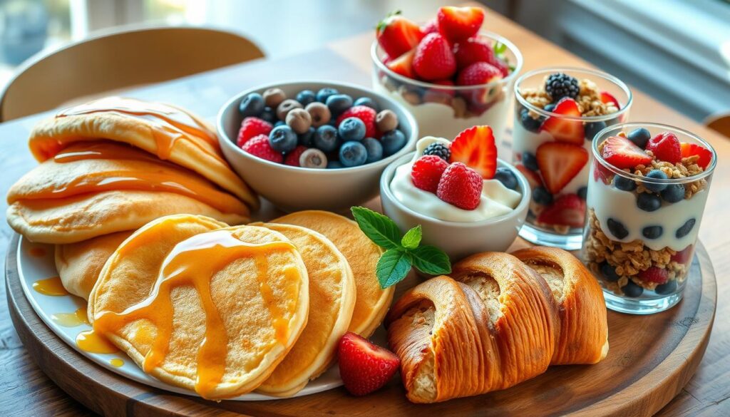 platter of sweet brunch treats, featuring fluffy pancakes drizzled with honey, slices of buttery croissants filled with chocolate, a bowl of vibrant mixed fruit, and yogurt