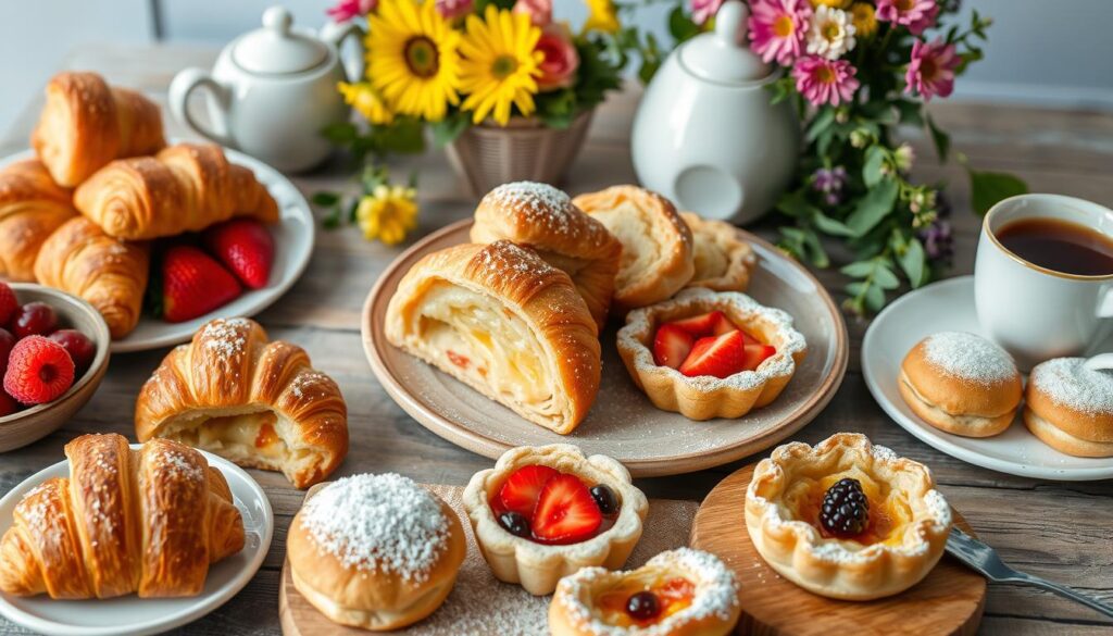 A beautifully arranged breakfast table showcasing a variety of puff pastry dishes, including flaky croissants, fruit-filled danishes, savory turnovers with cheese and vegetables, and sweet cinnamon rolls, all artfully presented with fresh fruits