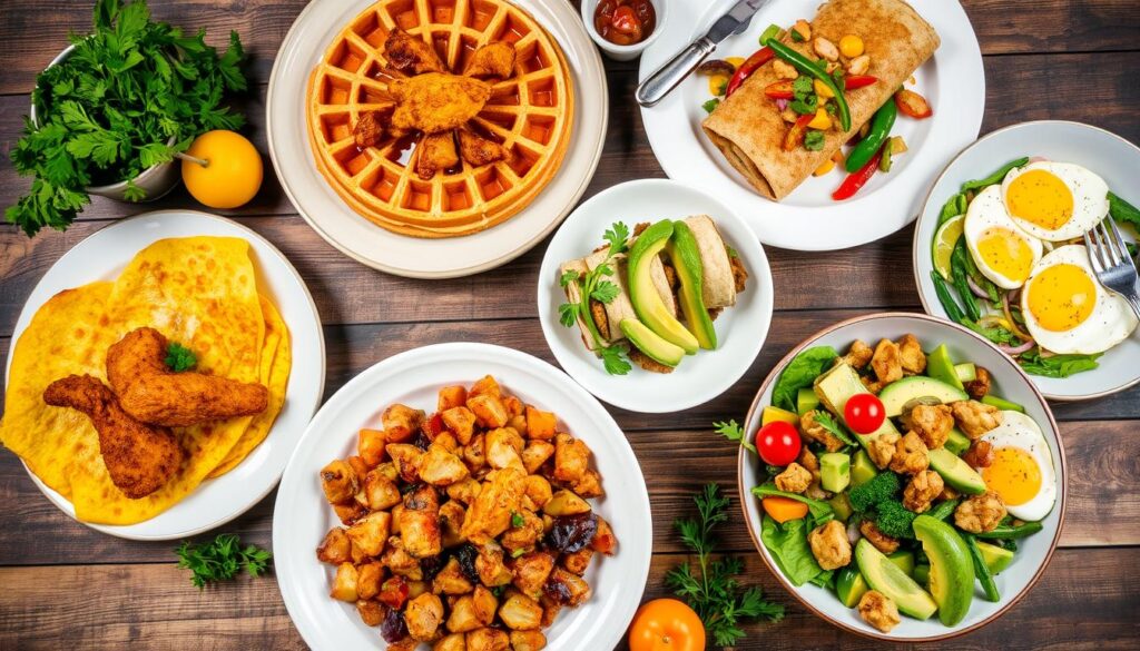 breakfast spread featuring various chicken dishes, including a fluffy chicken omelette, crispy chicken and waffles topped with syrup