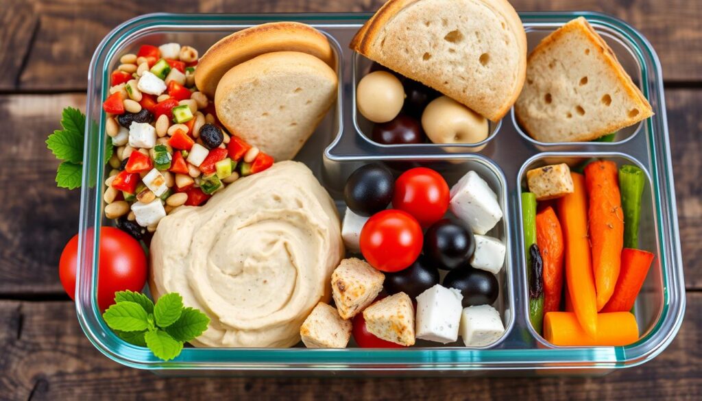 A vibrant Mediterranean lunch box filled with assorted colorful ingredients, featuring tabbouleh salad, hummus, pita bread, cherry tomatoes, olives, feta cheese cubes, and roasted vegetables