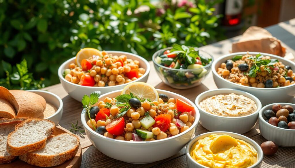 A vibrant Mediterranean-inspired lunch spread featuring colorful bowls of chickpea and flaxseed salads