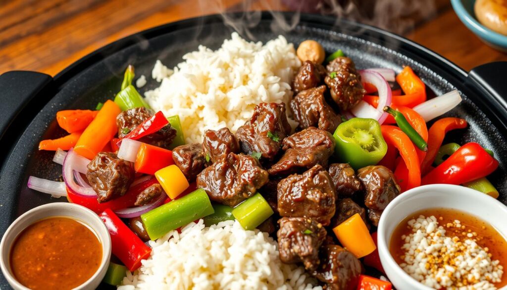 A vibrant and colorful spread of ingredients for a homemade pepper lunch recipe, featuring sizzling beef, fresh vegetables