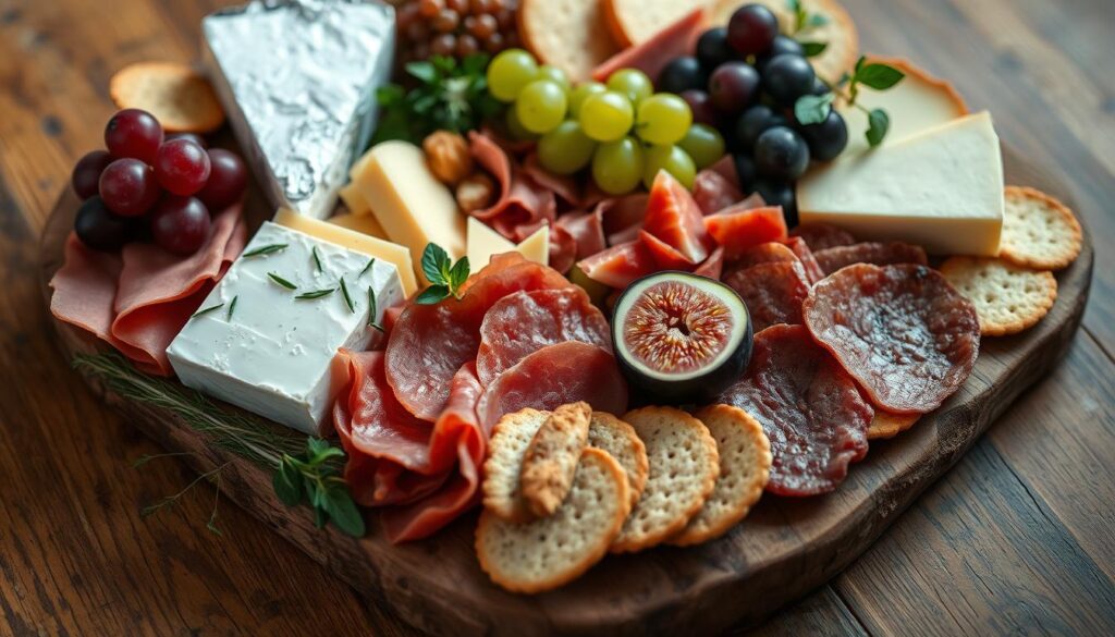 A beautifully arranged charcuterie board featuring various cheeses and cured meats, showcasing a variety of textures and colors