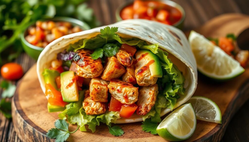 A vibrant and enticing Chipotle Chicken Wrap, showcasing juicy grilled chicken strips, fresh avocado slices, crisp lettuce, diced tomatoes, and a drizzle of chipotle sauce, all wrapped in a warm flour tortilla