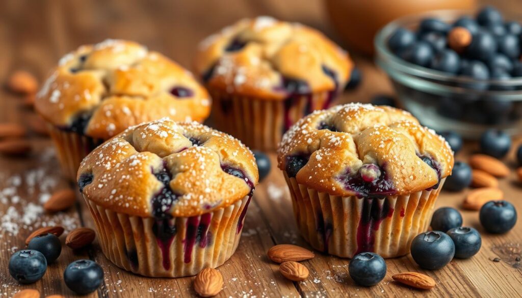 Freshly baked almond flour blueberry muffins on a rustic wooden table, golden brown tops with a dusting of powdered sugar, plump blueberries oozing from the sides, soft and fluffy texture, warm lighting for a cozy feel, surrounded by scattered almonds and a bowl of blueberries