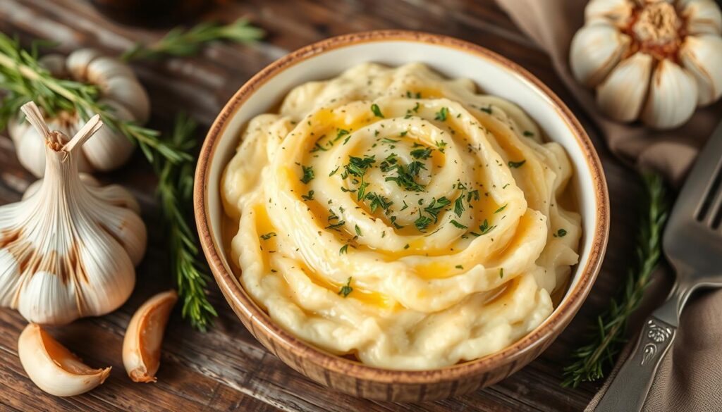 A creamy bowl of garlic mashed potatoes topped with melted cheese, sprinkled with fresh herbs