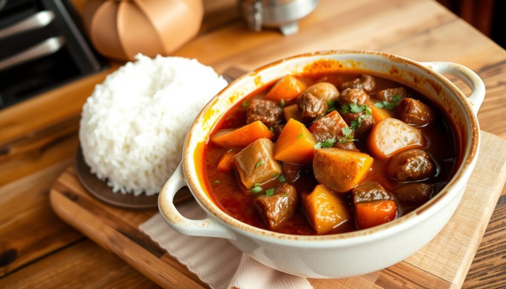 A steaming bowl of hearty beef stew, rich in color with tender chunks of beef, vibrant carrots, and potatoes, garnished with fresh herbs