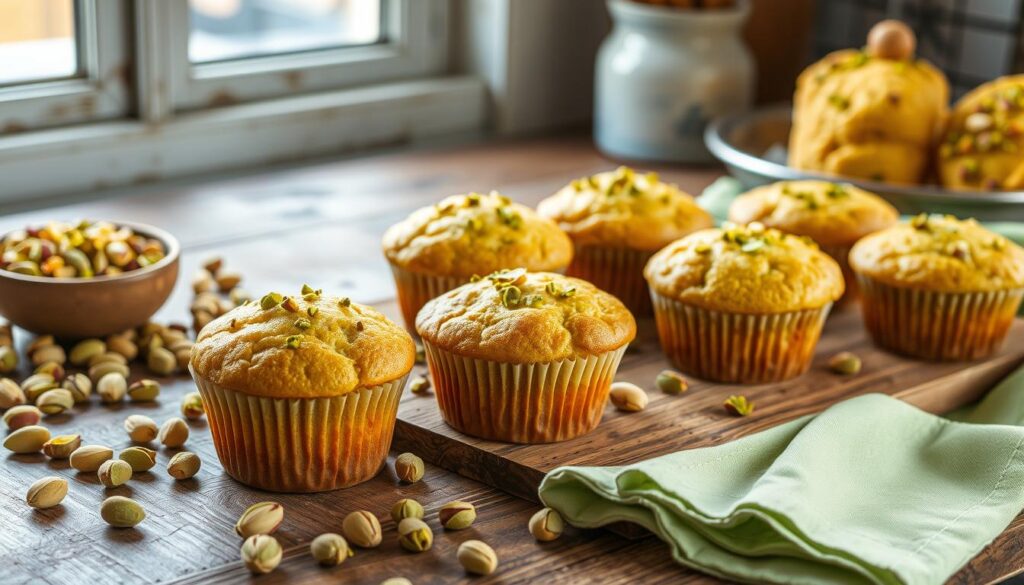 A cozy kitchen scene featuring freshly baked pistachio muffins on a rustic wooden table, surrounded by scattered pistachios, a small bowl of crushed pistachios, and a delicate green napkin