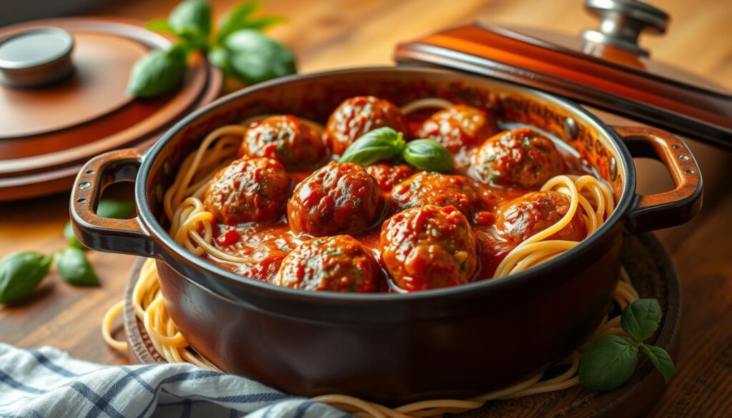 A rustic Dutch oven filled with juicy meatballs nestled in a rich, marinara sauce