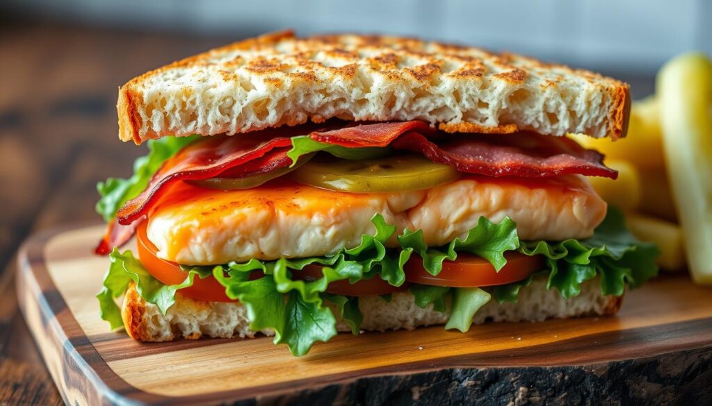 A mouthwatering Salmon BLT sandwich, featuring layers of perfectly cooked salmon, crispy bacon, fresh lettuce, and ripe tomatoes