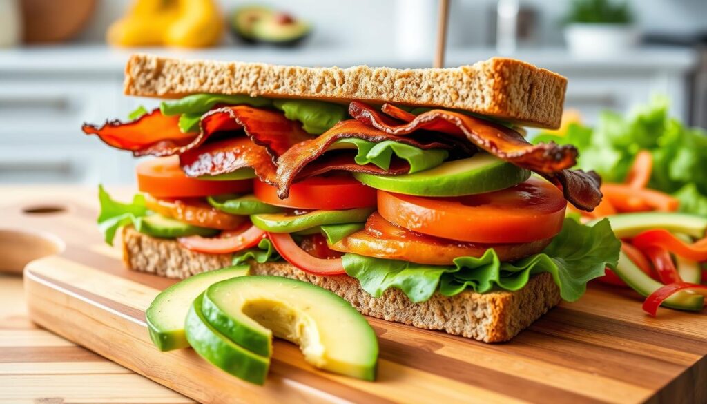 A vibrant avocado BLT sandwich layered with crispy bacon, fresh lettuce, and juicy tomatoes on whole grain bread