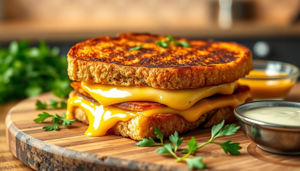 A perfectly grilled cheese sandwich, golden brown and crispy on the outside, melting cheese oozing from the sides