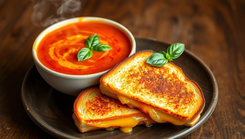 A warm bowl of rich, vibrant tomato soup with steam rising, accompanied by a perfectly toasted grilled cheese sandwich, golden brown with melted cheese oozing out