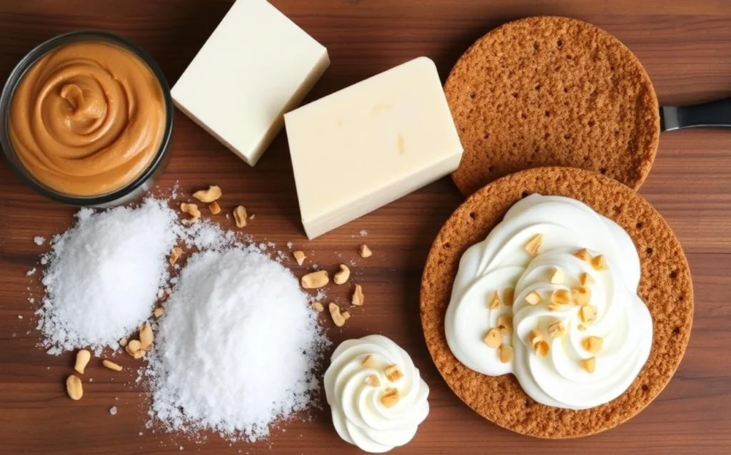 A visually appealing arrangement of cheesecake ingredients, featuring a bowl of creamy peanut butter, a block of cream cheese, scattered sugar crystals, a Graham cracker crust, smooth whipped cream dollops, and a sprinkle of chopped peanuts, all beautifully presented on a rustic wooden countertop.