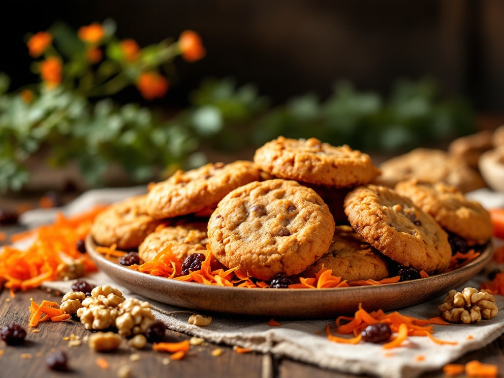 A plate of freshly baked carrot cake cookies surrounded by shredded carrots, walnuts, and raisins on a rustic wooden table, with soft natural lighting and subtle nutritional information icons integrated into the scene.