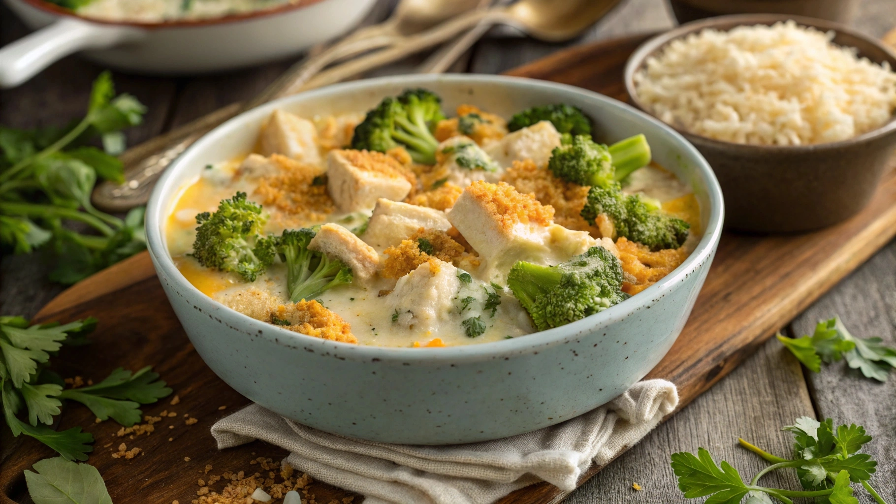 A comforting bowl of creamy chicken divan