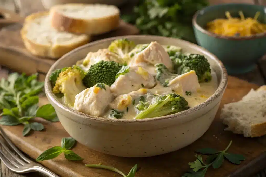 A bowl of slow cooker chicken divan with tender chicken, broccoli, and creamy cheese sauce, garnished with fresh herbs and served with warm bread.