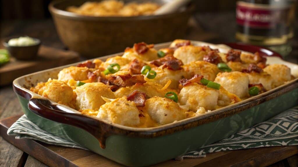 A freshly baked Cracked Out Chicken Tater Tot Casserole with crispy golden tater tots, tender chicken, melted cheddar cheese, crispy bacon bits, and fresh green onions, served in a rustic baking dish against a cozy kitchen backdrop.