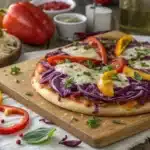 A vibrant cabbage pizza topped with melted cheese, fresh vegetables, and herbs, surrounded by sliced cabbage, tomatoes, and bell peppers, set on a wooden cutting board in a rustic kitchen.