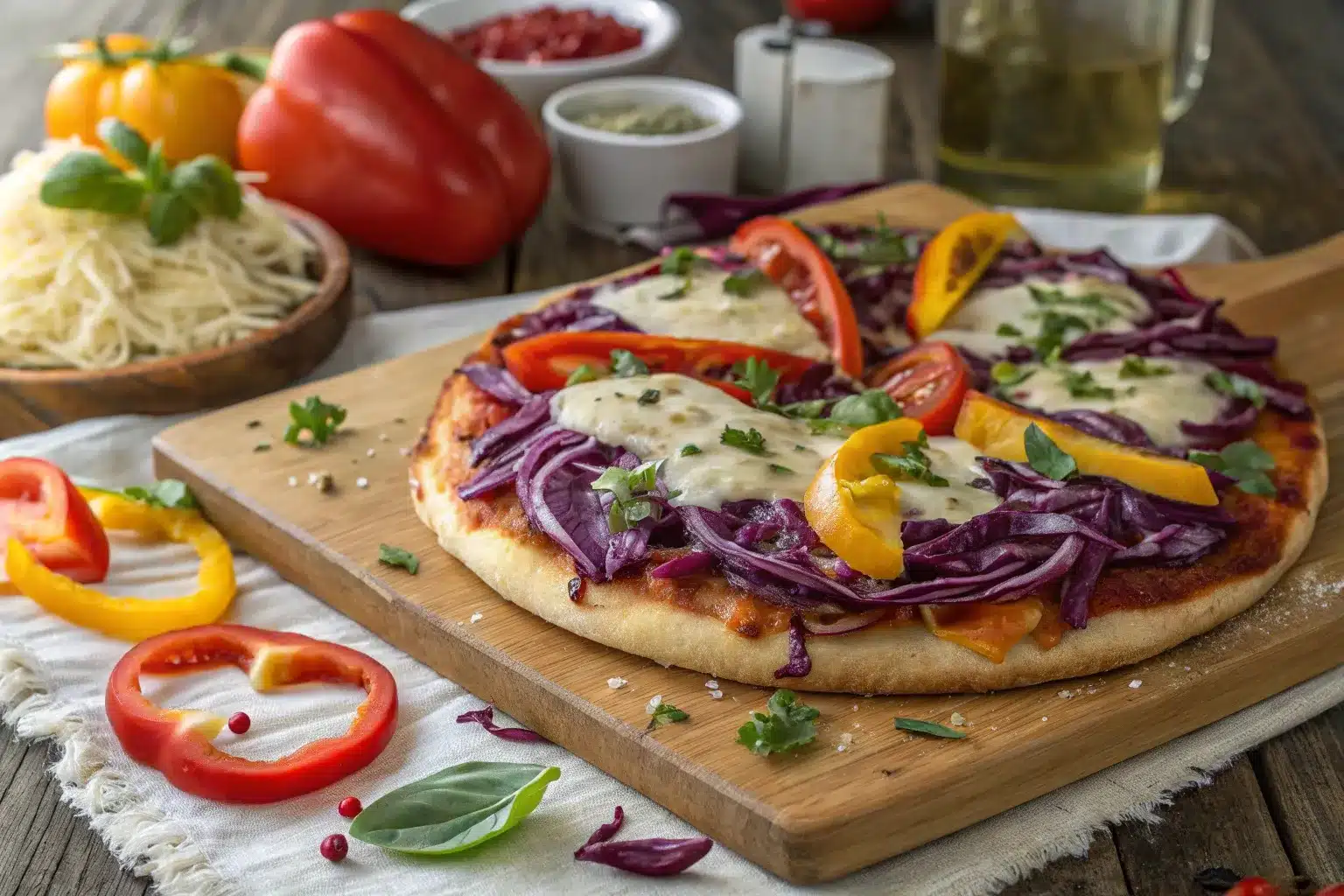 A vibrant cabbage pizza topped with melted cheese, fresh vegetables, and herbs, surrounded by sliced cabbage, tomatoes, and bell peppers, set on a wooden cutting board in a rustic kitchen.