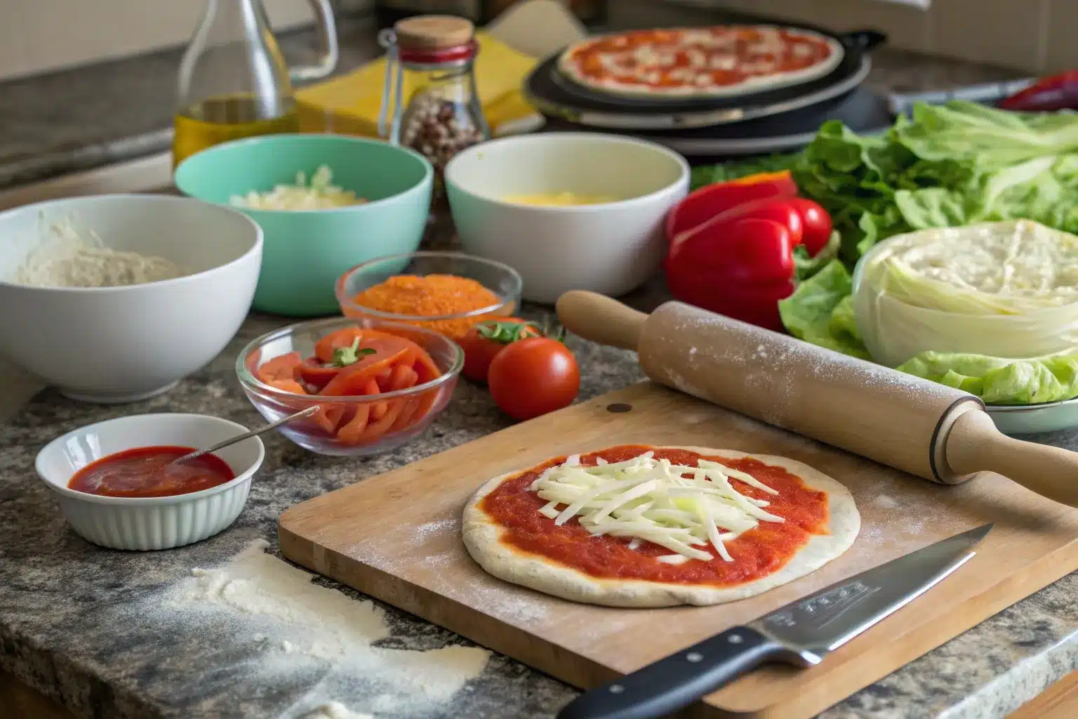 A kitchen scene showcasing essential pizza recipe tools such as mixing bowls, a rolling pin, measuring cups, a chef's knife, a wooden cutting board, a pizza stone, and fresh ingredients like cabbage, cheese, and tomato sauce, set on a rustic countertop with natural lighting.