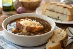 A bowl of creamy French onion soup poured over steaming rice, topped with melted cheese and fresh herbs, served on a rustic wooden table with warm golden lighting.