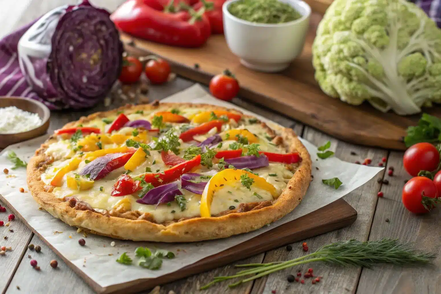 A vibrant cabbage pizza recipe topped with bell peppers, melted cheese, and fresh herbs, surrounded by fresh ingredients like whole cabbage, tomatoes, and spices, with bright natural lighting highlighting the dish.