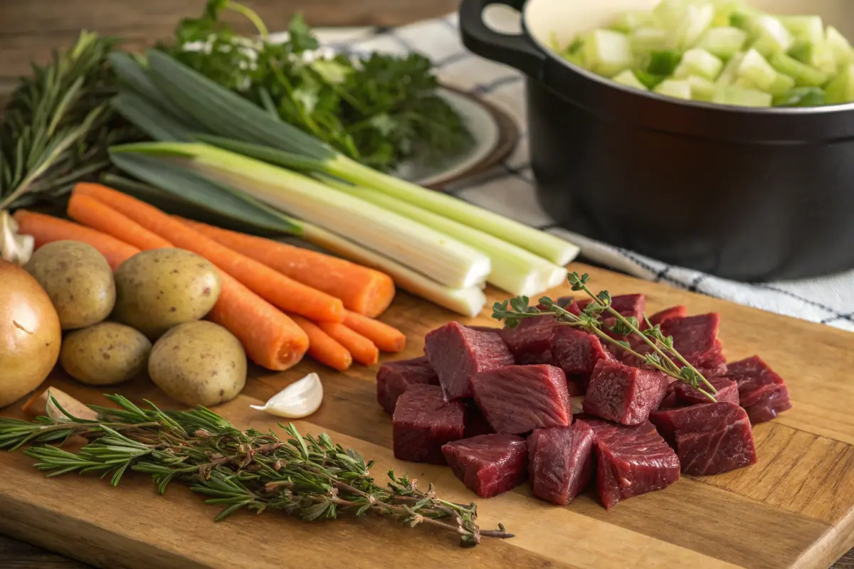 Fresh ingredients for a venison stew recipe, including venison slices, carrots, potatoes, onions, celery, and herbs like thyme and rosemary, arranged on a wooden board with a cast-iron pot in the background