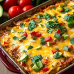 A savory frozen burrito casserole layered with melted cheese, bell peppers, and black beans, topped with fresh cilantro, baked in a glass dish, and surrounded by avocado slices and salsa on a rustic kitchen countertop.