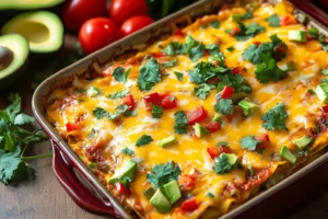 A savory frozen burrito casserole layered with melted cheese, bell peppers, and black beans, topped with fresh cilantro, baked in a glass dish, and surrounded by avocado slices and salsa on a rustic kitchen countertop.