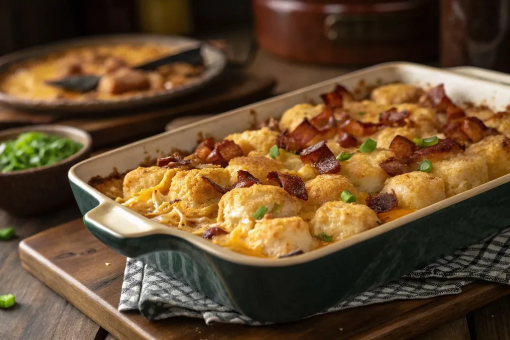 A golden, crispy tater tot casserole with tender chicken, melted cheddar cheese, crispy bacon bits, and fresh green onions, served in a rustic baking dish against a warm, cozy kitchen backdrop.