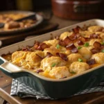 A golden, crispy tater tot casserole with tender chicken, melted cheddar cheese, crispy bacon bits, and fresh green onions, served in a rustic baking dish against a warm, cozy kitchen backdrop.