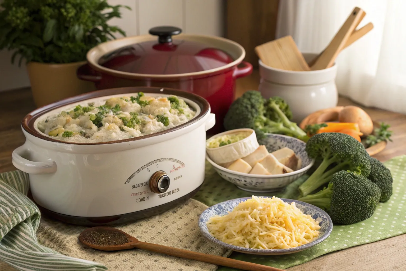 A slow cooker filled with creamy chicken divan, surrounded by fresh broccoli, rice, and cheese, set in a cozy kitchen with vintage cookware and warm lighting.